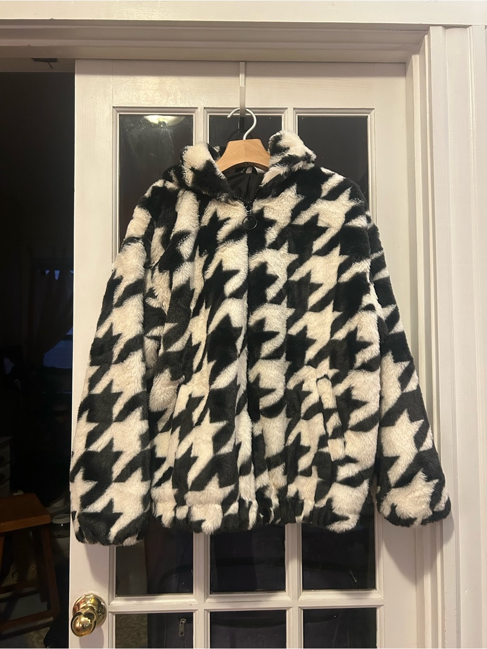 H&M Black & White Houndstooth Faux Fur Puffer Jacket